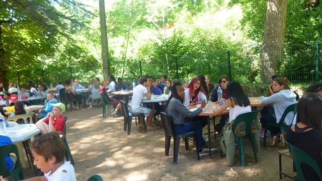 Repas de groupe sous les arbres